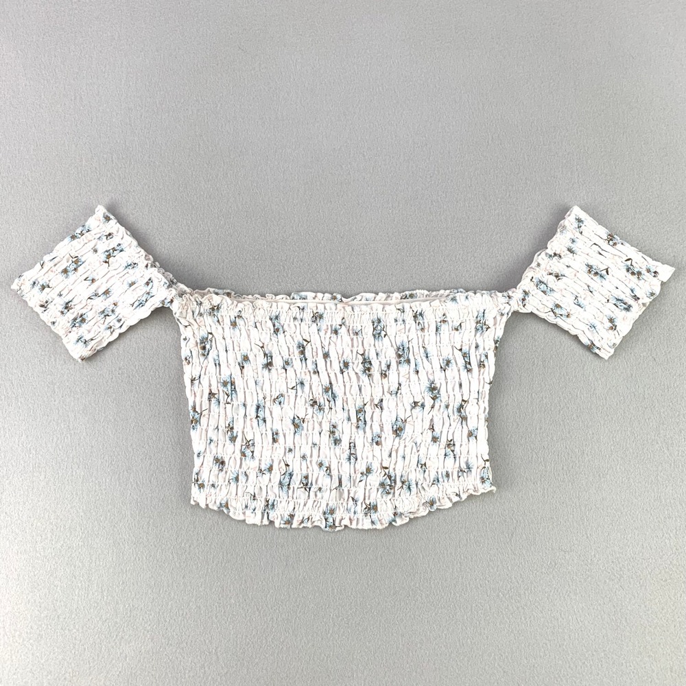 Victoria's Secret Smocked Off Shoulder Top Womens L White Floral Crop Coquette‎